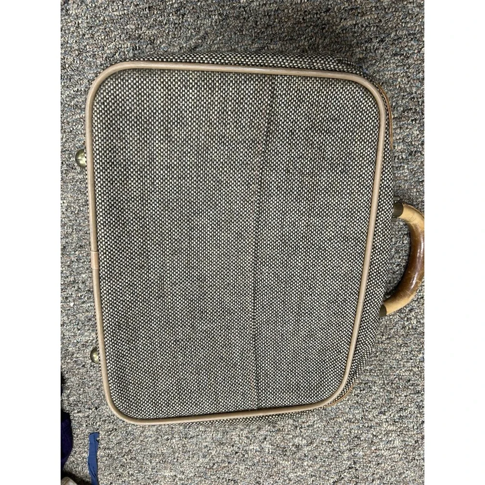 Suitcase Solight Leather & Tweed World's Lightest Luggage 17 X 14 X 6 Vtg Fulton